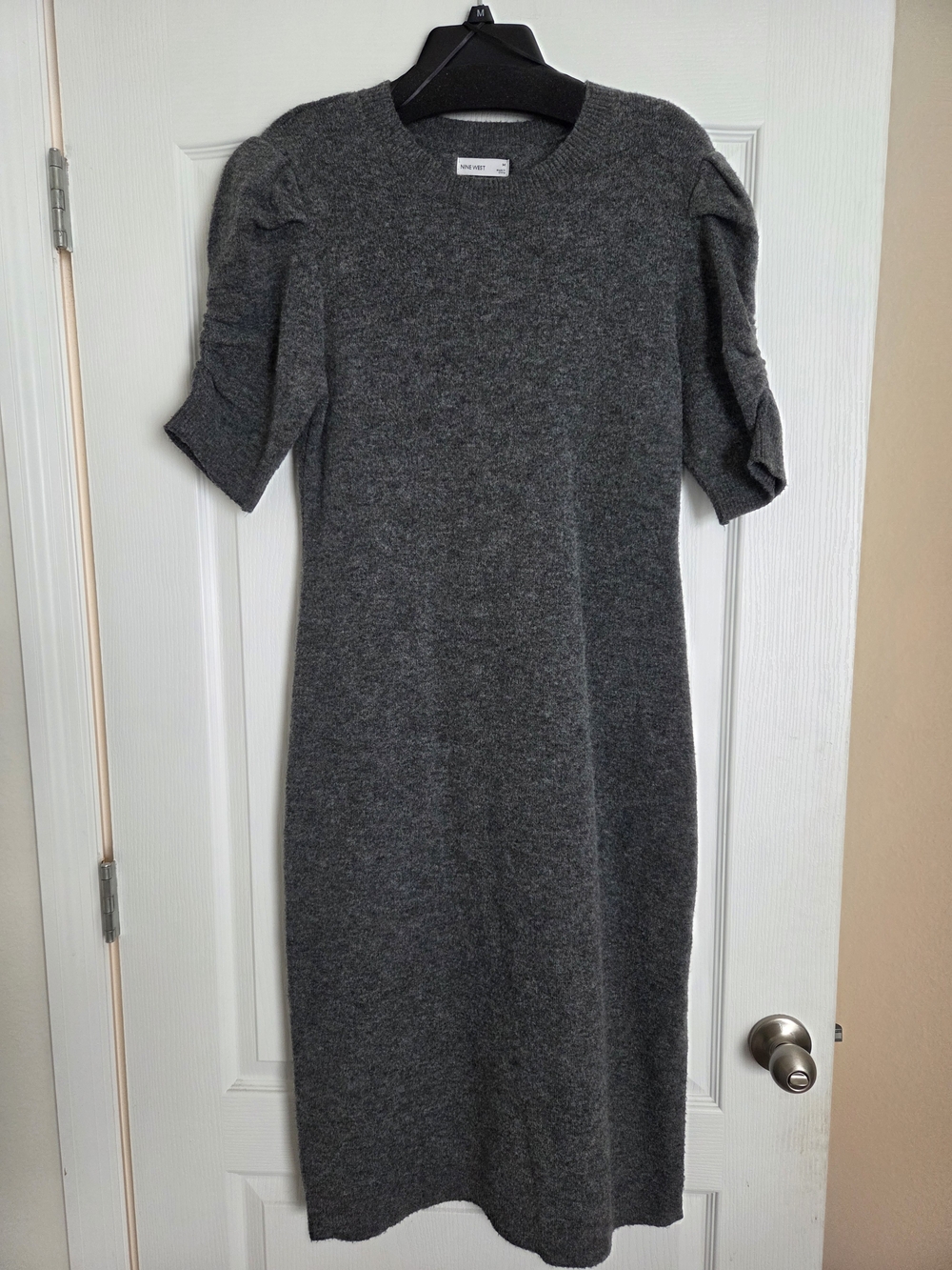 Puff-Sleeve Knit Midi Dress - Gray